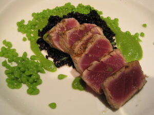 Ahi with Pea Caviar and Forbidden Rice from Jeff Leve Ahi with Pea Caviar 300x225 Ahi Tuna, English Pea Caviar, Forbidden Rice, Bordeaux Wine