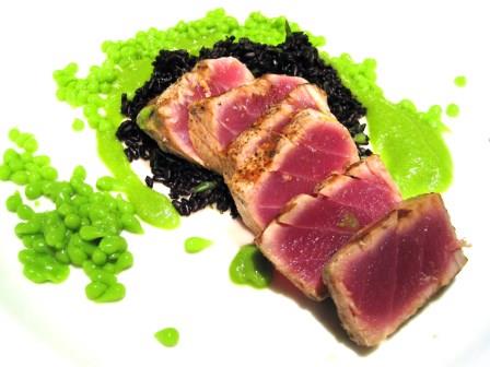 Ahi Tuna, English Pea Caviar, Forbidden Rice, Bordeaux Wine